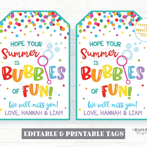 Hope your Summer is Bubbles of Fun Tags End of School Year Gift Tags Preschool Classroom Printable Kids Teacher Favor Bubbles Gift Tag