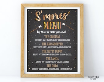 S'mores Menu Printable Smores Menu S'mores Sign Bonfire Party Signs Birthday Bonfire Signs Chalkboard S'Mores Sign Roast a Marshmallow