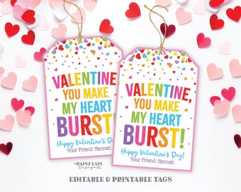 Valentine You Make My Heart Burst, Candy Burst Valentine Tags Preschool Valentines Classroom Printable Kids Candy Valentine Tag, Star Ideas