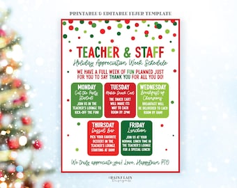 Editable Holiday Teacher Appreciation Week Schedule, Christmas Flyer Itinerary, Luncheon Invitation Invite Calendar School, Office, Hospital