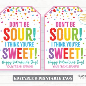 Tag di San Valentino dolce e aspro, Non essere acido, penso che tu sia dolce, tag di San Valentino per la scuola materna, tag di San Valentino stampabili per la classe