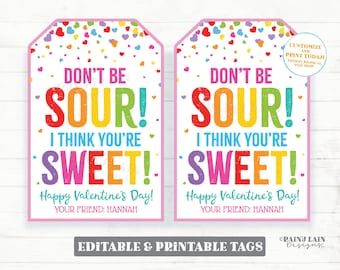 Sweet and Sour Candy Valentine, Don't be sour I think you're sweet Valentine Tag, Preschool Valentines, Classroom Printable Valentine Tags