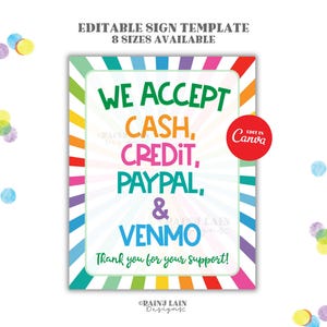 We Accept Cash and Credit Cards Sign Editable PayPal Venmo Cookie Booth Printable Bake Sale Fundraiser Bakery Craft Show Sales Payment