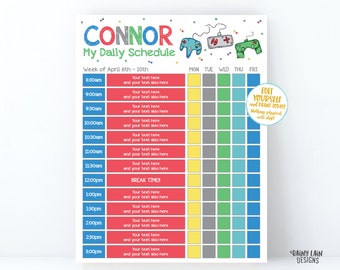 May include: A printable daily schedule for a child named Connor. The schedule is colour-coded with red, yellow, blue, and green. The schedule includes times from 8:30 am to 3:00 pm. The schedule is decorated with video game controllers.