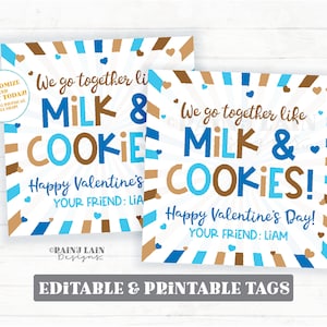We go together like Milk and Cookies Valentine&#39;s Day Tag, Cookie Valentine, Chocolate Chips Preschool Classroom Printable Editable Easy Kids