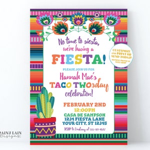 No Time to Siesta it&#39;s Time to Fiesta Taco Twosday Invitation Taco Two-sday Fiesta Girl 2nd Birthday Mexican Fiesta, Serape, Floral, Cactus