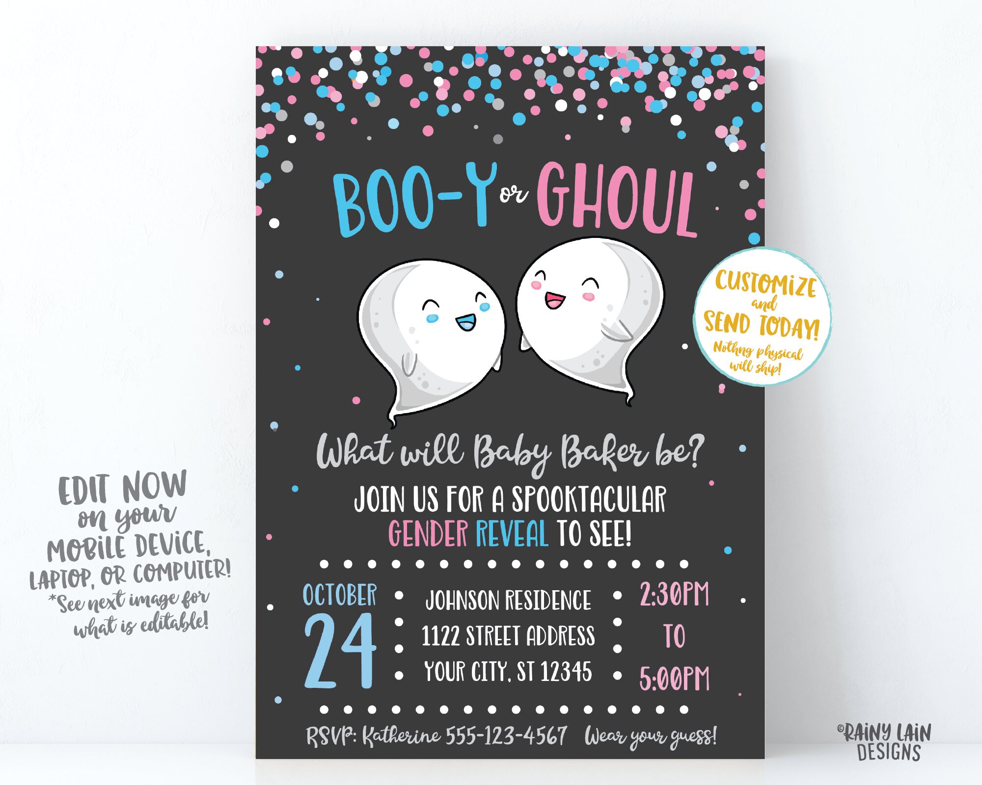 Halloween Gender Reveal Invitation Ghost Gender Reveal Booy or Ghoul Gender Reveal Invite pink and blue confetti chalkboard