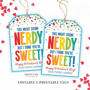 Nerd Valentines Day Gift Tag, Cute Nerdy Valentine, Candy Valentine Tag Downloadable, Editable Valentine, Non-Candy, Preschool, Easy Class