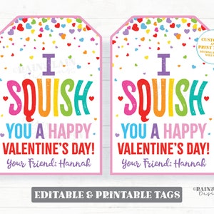 Squishies Valentine Tag, I squish you a happy Valentine's day, Squishy Toy Squishee Squeeze Classroom Preschool Afdrukbare kinderen Niet-snoep