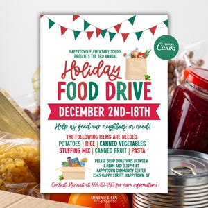 Christmas Food Drive Flyer, Holiday Fundraiser Canva Template, Editable Invitation