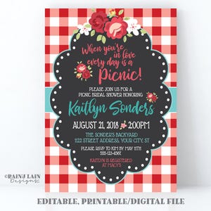 Picnic Bridal Shower Invitation, Red Gingham Invite, Chalkboard Picnic Invites, Picnic Shower Invite, Red Rose, Rustic, Digital, Printable