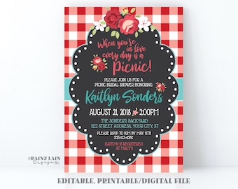 Picnic Bridal Shower Invitation, Red Gingham, Rustic Roses, Editable Digital File