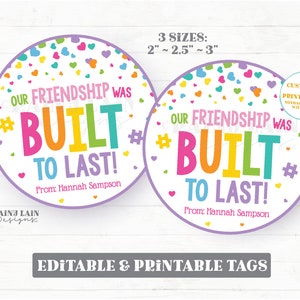 Our Friendship Was Built to Last Tag, Building Blocks Puzzle Piece Preschool Printable Valentines Editable Non-Candy Classroom Friend Tag
