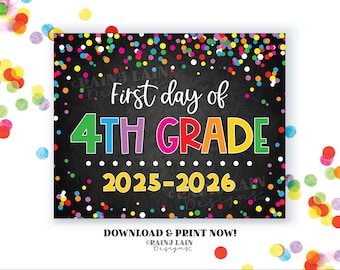 Letrero del primer día de 4.º grado Primer día de cuarto grado Primer día de clases Pizarra imprimible de regreso a clases Confeti del primer día de clases 2025
