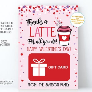 Porte-cartes cadeau café Saint-Valentin Merci un latte Porte-cartes cadeau imprimable Collègue Enseignant Chauffeur de bus Ami Nounou Garderie Rose