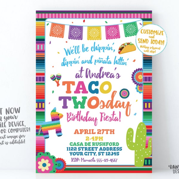 Taco Twosday Invitation Girl Taco Twosday Invite, Chippin Dippin Piñata Hittin, Mexican Fiesta 2nd birthday, Serape, Cactus, Piñata, Maracas