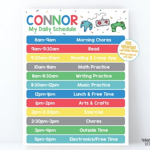 Video Game Home School Schedule Printable Kids Schedule Editable Daily Task List Chore Chart Template Weekly HomeSchool Planner Activities