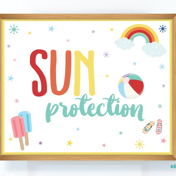 Sun Protection Sign, Sunscreen Sign, Summer Party Sign, Pool Party Signs, Summer Printables, Popsicle, Beach Ball, Rainbow, Flip Flops