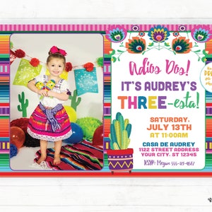 Three-esta Birthday Invitation with Photo, Girl THREEesta Invitation, Adios Dos, 3rd Birthday Fiesta Invitation Cactus, Floral Serape Invite