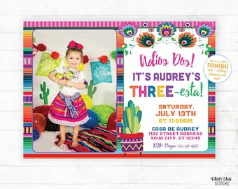 Three-esta Birthday Invitation with Photo, Girl THREEesta Invitation, Adios Dos, 3rd Birthday Fiesta Invitation Cactus, Floral Serape Invite