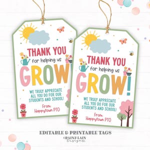 Étiquette-cadeau Semaine d'appréciation des enseignants, thème de la culture, thème du jardin de printemps, étiquette modifiable pour les enseignants et le personnel, merci de nous avoir aidés à grandir