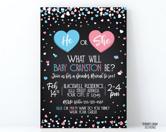 Valentines Day Gender Reveal Invitation, He or She what will baby be Valentine's Day Gender Reveal Invite, Blue and Pink Hearts, Chalkboard