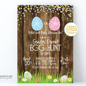 Easter Gender Reveal Invitation Gender Reveal Egg Hunt Invite He or She What will Baby Be Eggs Spring Gender Reveal Rustic Wood Grass image 1