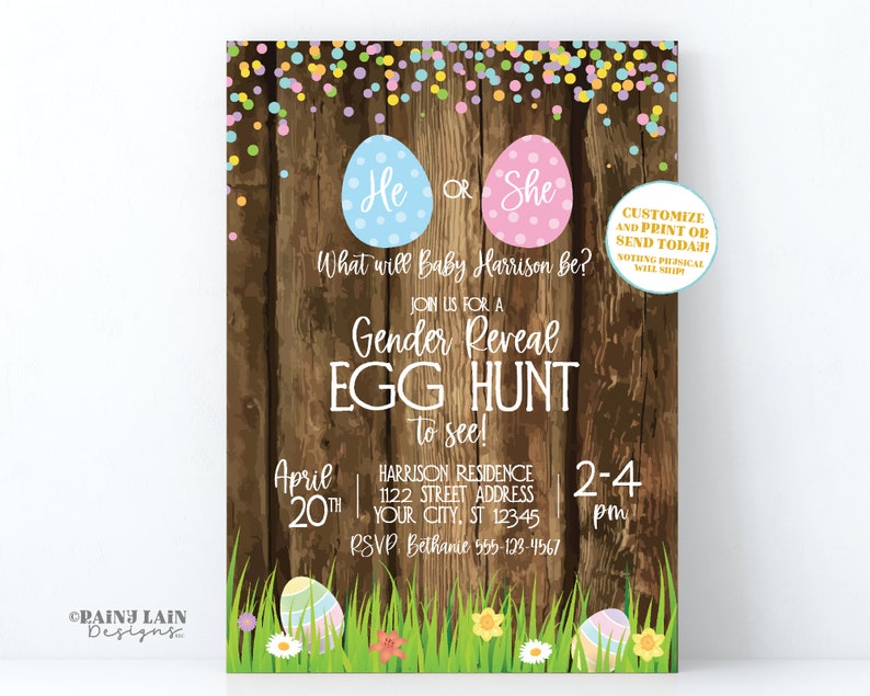 Easter Gender Reveal Invitation Gender Reveal Egg Hunt Invite He or She What will Baby Be Eggs Spring Gender Reveal Rustic Wood Grass image 1
