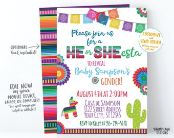 May include: A gender reveal party invitation with a colorful Mexican fiesta theme. The invitation features a piñata, a cactus, and the text "He or She esta" to reveal Baby Sampson's gender. The party is scheduled for August 4th at 2:00 PM.