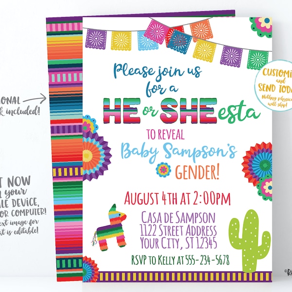 Fiesta Gender Reveal Invitation, Gender Reveal Ideas, He or She-esta Invite, Gender Reveal Fiesta Invite, Cactus, Piñata, Paper Fans, Serape