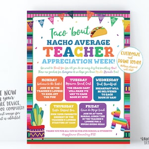 Editable Teacher Appreciation Week Schedule, Teacher Appreciation Itinerary, Flyer, Luncheon Invite, Nacho Average, Fiesta Sign, Taco bout