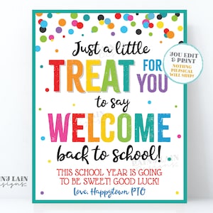 Treat for you to say Welcome Back to School Sign Employee Appreciation First Day Staff Room Teacher Lounge 1st Day PTO Sweets Pastries Candy