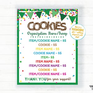 Cookie Booth Menu, Cookie Booth Printable Cookie Booth Sign, Cookie Sign, Cookie Printable, Bake Sale Poster, Fundraiser Sign