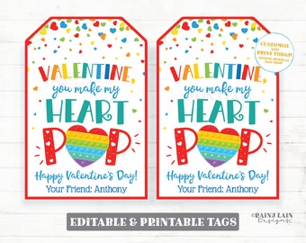 You Make my Heart Pop Tag, Valentine's Day Fidget Toy Gift Tag, Pop Valentine, Preschool Classroom Printable Kids Editable Non-Candy