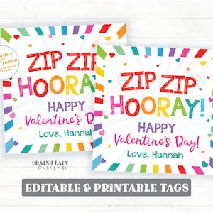 Zip Bracelet Valentine Tag, Zip Zip Hooray Happy Valentine&#39;s Day, Fidget Gift Preschool Classroom Printable Kid Non-Candy Valentine Editable