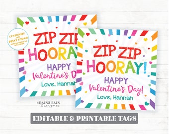 Zip Bracelet Valentine Tag, Zip Zip Hooray Happy Valentine's Day, Fidget Gift Preschool Classroom Printable Kid Non-Candy Valentine Editable