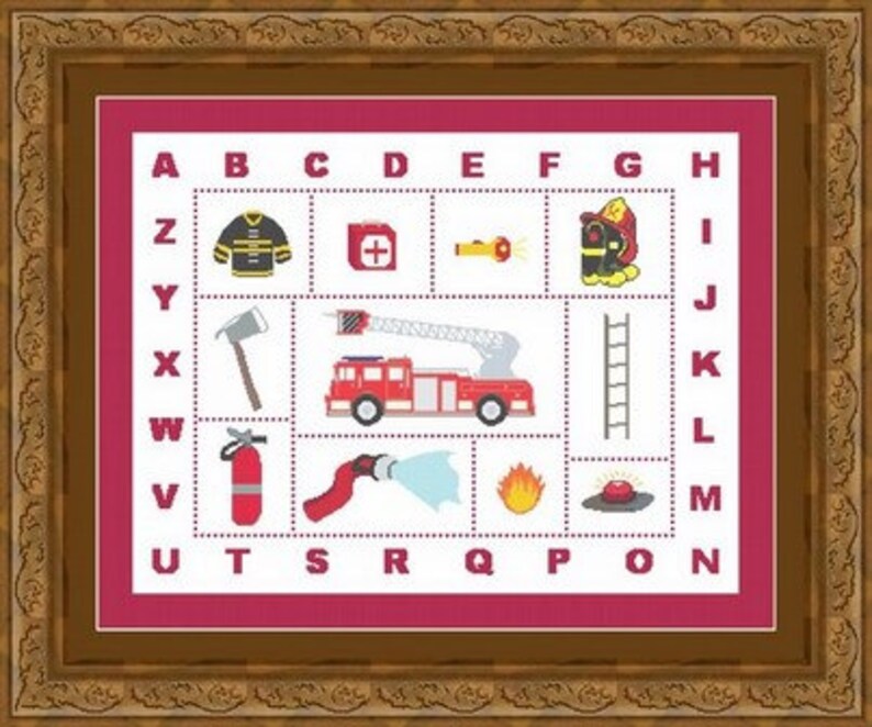 FIREFIGHTER ALPHABET/ pompier Counted cross stitch pattern ...