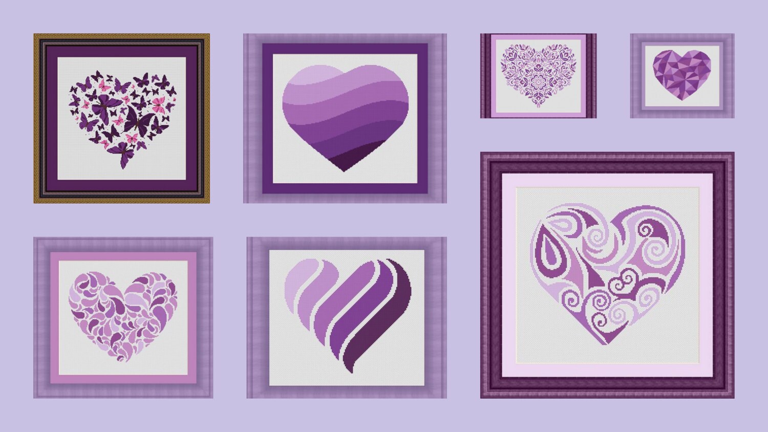 PURPLE hearts set Counted cross stitch patterns /grilles ...