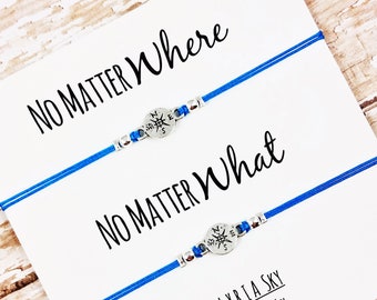 Set of Two Compass Friendship Bracelets with "No Matter Where No Matter What" Card | BFF, Best Friend Gift Jewelry | Matching Bracelet Set