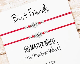 Set of Two Charm Friendship Bracelets with "Best Friends, No Matter Where" Card | BFF, Best Friend Gift Jewelry | Matching Bracelets