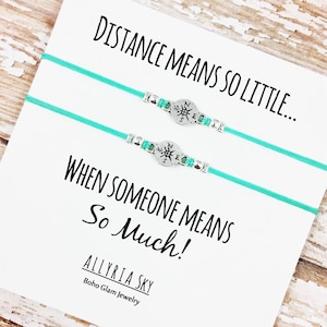 Set of Two Charm Friendship Bracelets with "Distance Means So Little" Card | BFF, Best Friend Jewelry | Matching Bracelets | Compass Charm