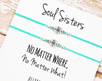 Set of Two Charm Friendship Bracelets with "Soul Sisters" Card | No Matter Where, No Matter What | BFF, Best Friend, Sorority Gift Jewelry