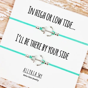 Set of Two Silver Anchor Friendship Bracelets with &quot;High or Low Tide&quot; Card | Couples, Best Friend Gift Jewelry | Matching Bracelets