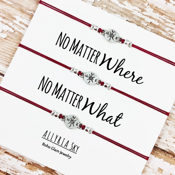 Set of Three Charm Friendship Bracelets with "No Matter Where No Matter What" Card | BFF, Best Friend Gift Jewelry | Matching Bracelets