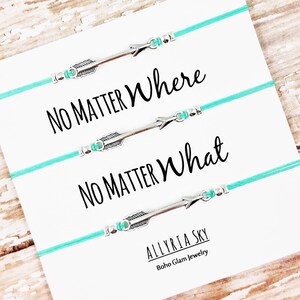 Set of Three Charm Friendship Bracelets with "No Matter Where No Matter What" Card | BFF, Best Friend Gift Jewelry | Matching Bracelet Set