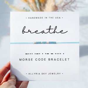Bracelet et carte « Respirez » code Morse, cadeau de soutien, cadeau d'encouragement, Je pense à vous, cadeau de yoga, bracelet d'affirmation de pleine conscience
