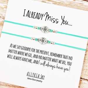 Ensemble de DEUX bracelets d’amitié à breloques avec carte « I Miss You » | BFF, Best Friend Gift Bijoux | S’en aller, déménager, remise des diplômes, cadeau d’adieu