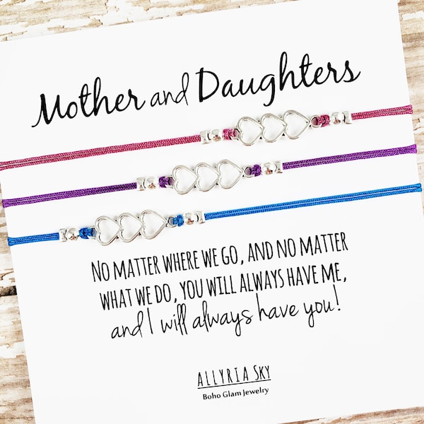 Set of Three Mother Daughter Bracelets with Triple Heart Charms | No Matter Where Card | Mom, Daughter Gift Jewelry | Mother's Day Gift