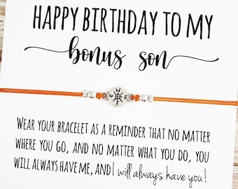 Friendship Bracelet with "Happy Birthday Bonus Son" Card | Bonus Son Birthday Gift | Bonus Mom, Bonus Son | Stepson, Unbiological Son Gift