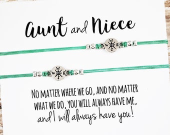 May include: Two matching green cord bracelets with silver compass charms. The text "Aunt and Niece" is above the bracelets. The card reads "No matter where we go, and no matter what we do, you will always have me, and I will always have you!"